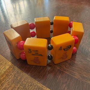 Vintage Bakelite Mahjong Tile Stretch Bracelet Orange & Butterscotch Red Spacers